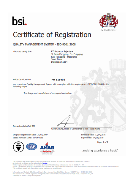 Sertifikat ISO 9001:2008 PT Supracor Sejahtera